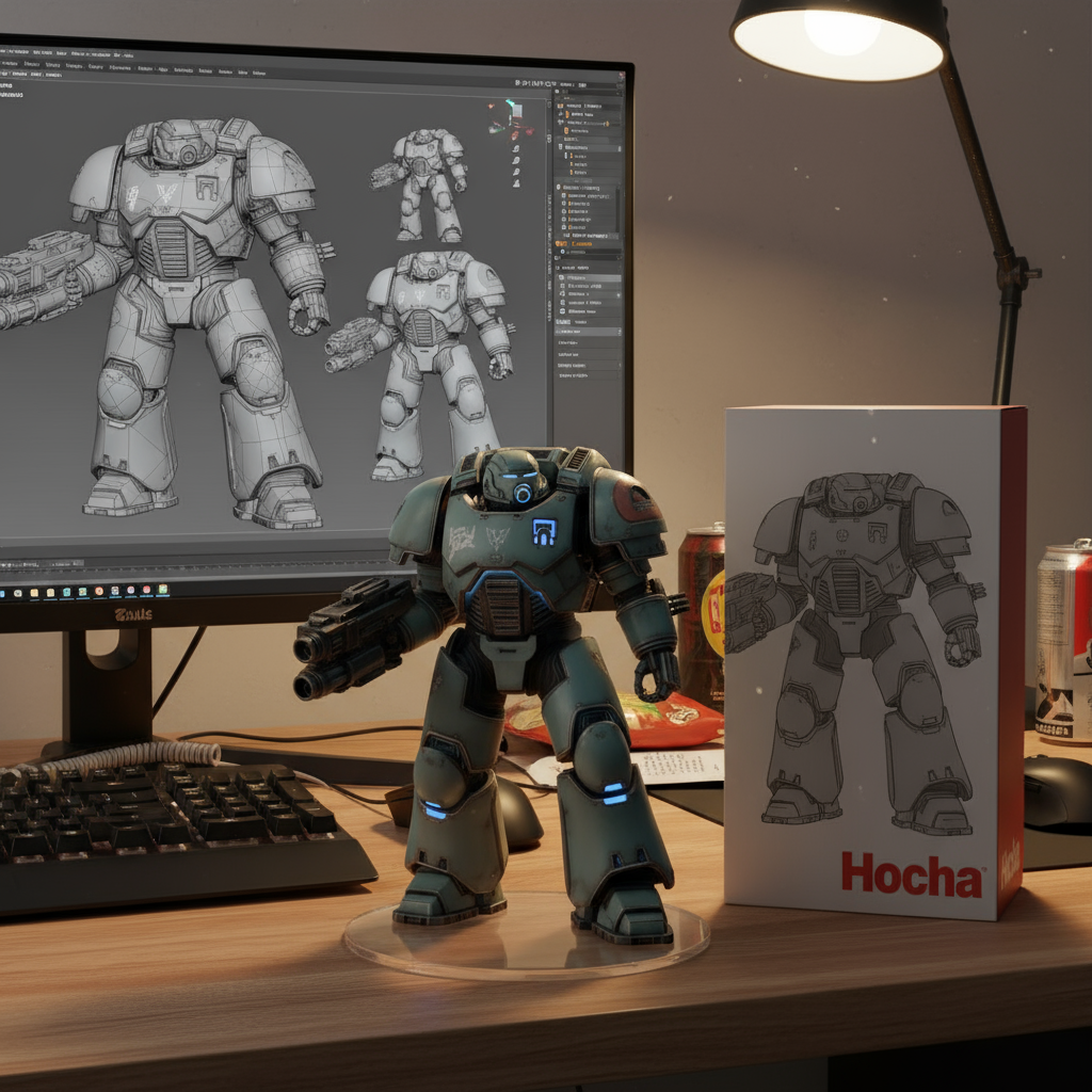 3D figure output on desk with computer and packaging